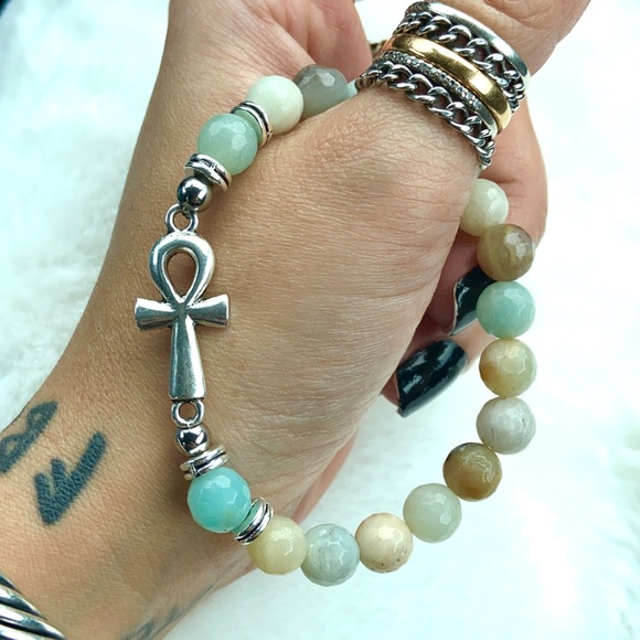 Genuine faceted amazonite gems ankh cross bracelet - Picture 8 of 12